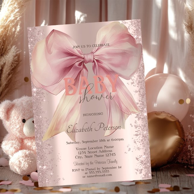 Rose Gold Glitter Confetti Pink Bow Baby Shower Invitation (Creator Uploaded)