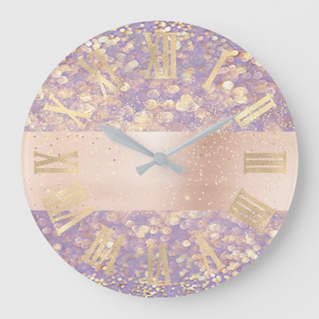 Rose Gold Glitter Confetti Purple Roman Numbers Large Clock (Front)