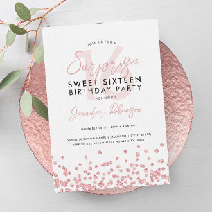 Rose Gold Glitter Confetti Surprise Sweet 16 Invitation