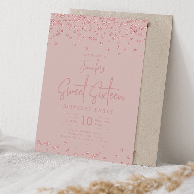 Rose Gold Glitter Confetti Sweet 16 Blush Pink  Invitation (Rose Gold Glitter Confetti Sweet 16 Blush Pink Invitation)