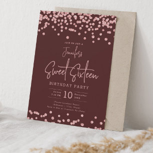Rose Gold Glitter Confetti Sweet 16 Burgundy  Invitation