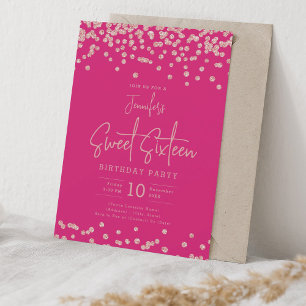 Rose Gold Glitter Confetti Sweet 16 Hot Pink Invitation