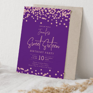 Rose Gold Glitter Confetti Sweet 16 Purple  Invitation