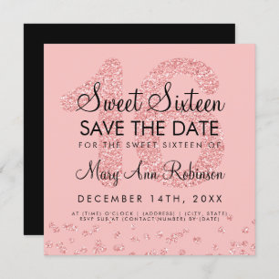 Rose Gold Glitter Confetti Sweet 16 Save The Date Invitation