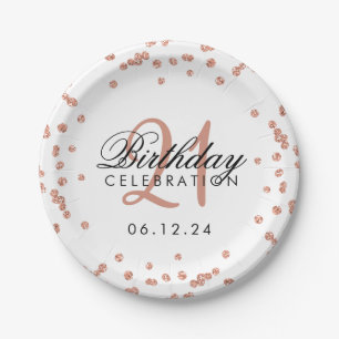 Rose Gold Glitter Confetti White 21st Birthday Paper Plate