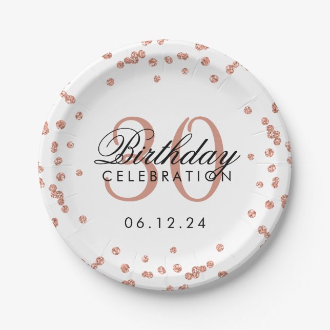 Rose Gold Glitter Confetti White 30th Birthday Paper Plate (Front)