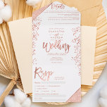 Rose gold glitter confetti white chic wedding all in one invitation<br><div class="desc">Elegant chic rose gold glitter confetti and typography white wedding ,  rose gold glitter colour block typography on customisable white and faux rose gold geometric stripes chic wedding ,  perfect for elegant,  luxurious wedding,  add your photo,  wedding details and rsvp.</div>