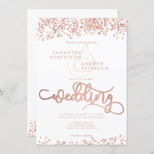 Rose gold glitter confetti white wedding photo invitation