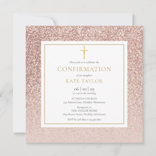 Rose Gold Glitter Confirmation Square Invitation (Front)