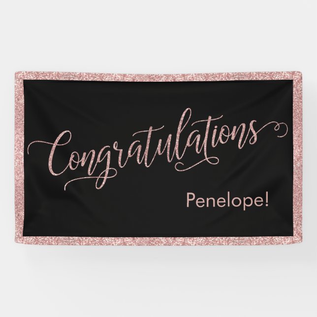 Rose Gold Glitter Congratulations Typography Black Banner (Horizontal)
