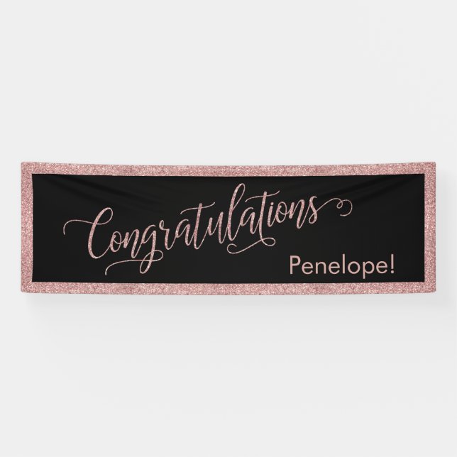 Rose Gold Glitter Congratulations Typography Black Banner (Horizontal)
