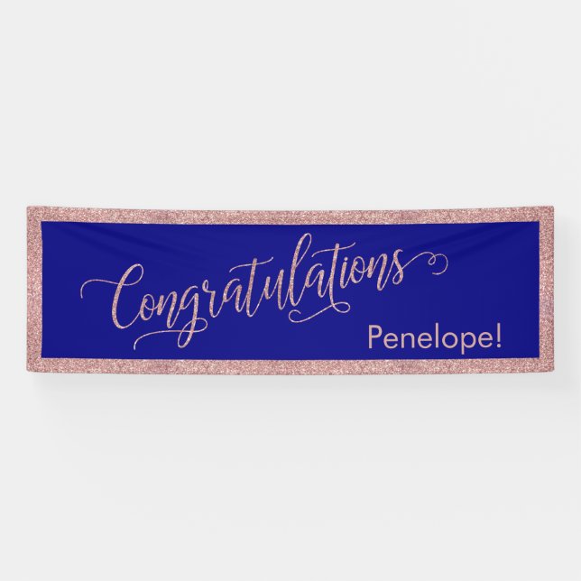 Rose Gold Glitter Congratulations Typography Navy Banner (Horizontal)
