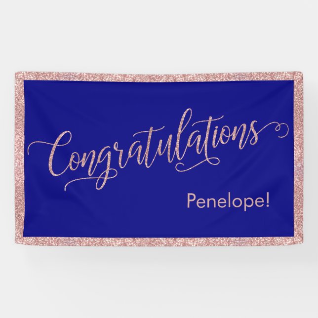 Rose Gold Glitter Congratulations Typography Navy Banner (Horizontal)