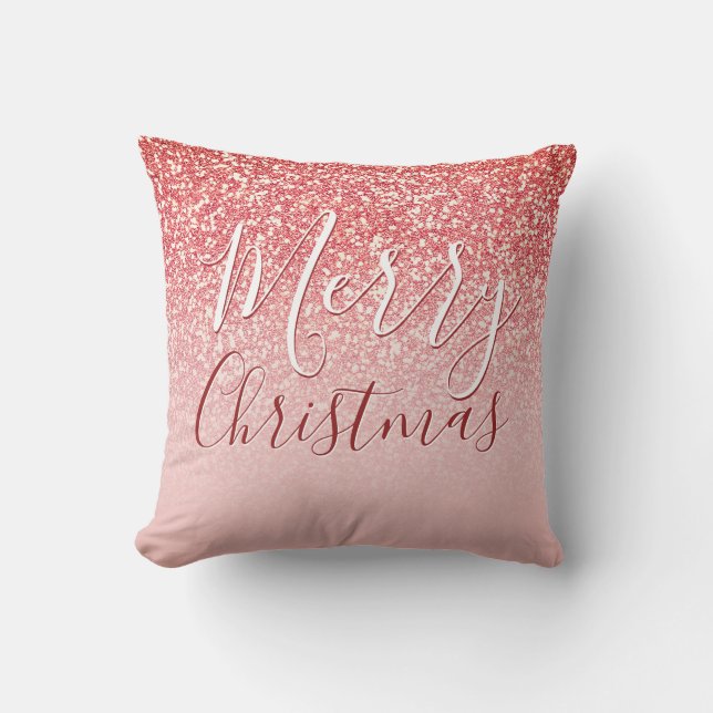 Rose Gold Glitter Coral Ombre Merry Christmas Cushion (Front)