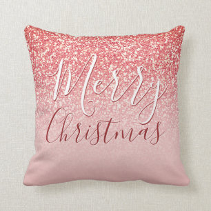 Rose Gold Glitter Coral Ombre Merry Christmas Cushion