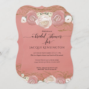 Rose Gold Glitter Coral Pink Floral Bridal Shower Invitation