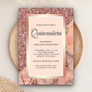 Rose Gold Glitter Coral Pink Marble Quinceanera Invitation