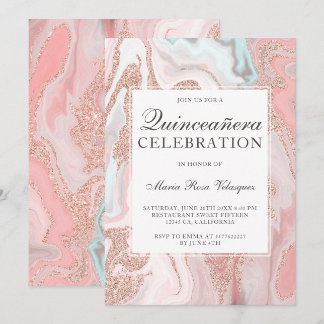 Rose gold glitter coral pink marble Quinceanera Invitation (Front/Back)