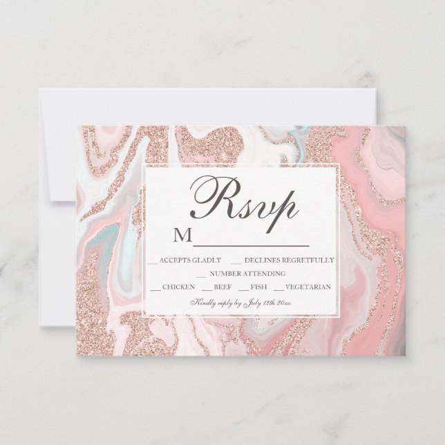 Rose gold glitter coral pink marble sweet 16 RSVP Card (Front)