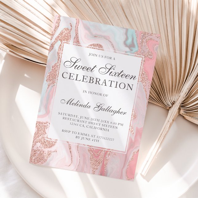Rose gold glitter coral pink marble sweet sixteen invitation (Creator Uploaded)