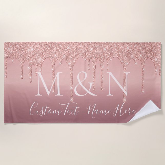 Rose Gold Glitter Couple Name Letter Beach Towel (Front)