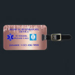 Rose Gold Glitter CPAP Machine Carry-On Luggage Tag<br><div class="desc">Rose Gold Glitter CPAP Carry-On Luggage Tag with blue text and 2 medical symbols Luggage Tag was designed because I travelled by aeroplane with my CPAP machine. I knew that TSA has a right to search the luggage but they don't have the right to take it away and treat it...</div>