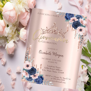 Rose Gold Glitter Crown Drop, Roses Quinceañera Invitation