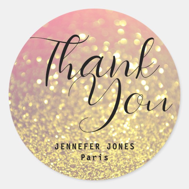 Rose Gold Glitter Crystal Bokeh Thank You Labels (Front)