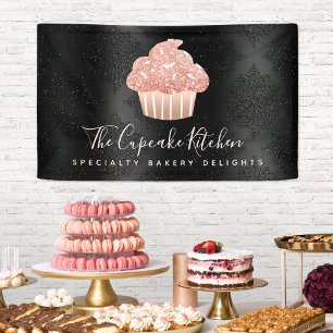 Rose Gold Glitter Cupcake Black Damask Bold Bakery Banner