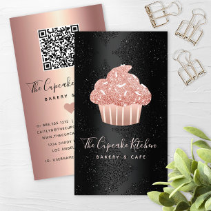 Rose Gold Glitter Cupcake QR Code Bakery on Black Business Card