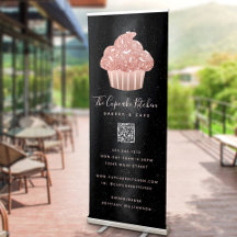 Rose Gold Glitter Cupcake QR Code on Black Bakery