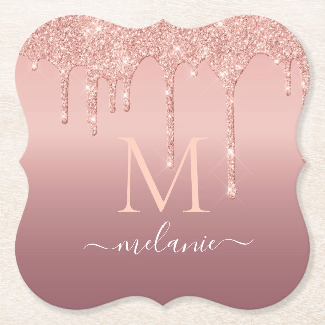 Rose Gold Glitter Custom Letter Name Paper Coaster (Front)