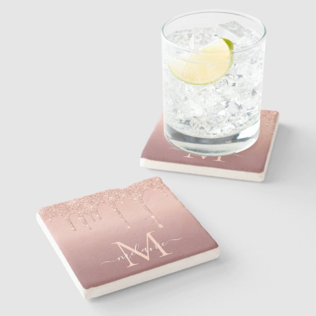Rose Gold Glitter Custom Letter Name Stone Coaster (Side)