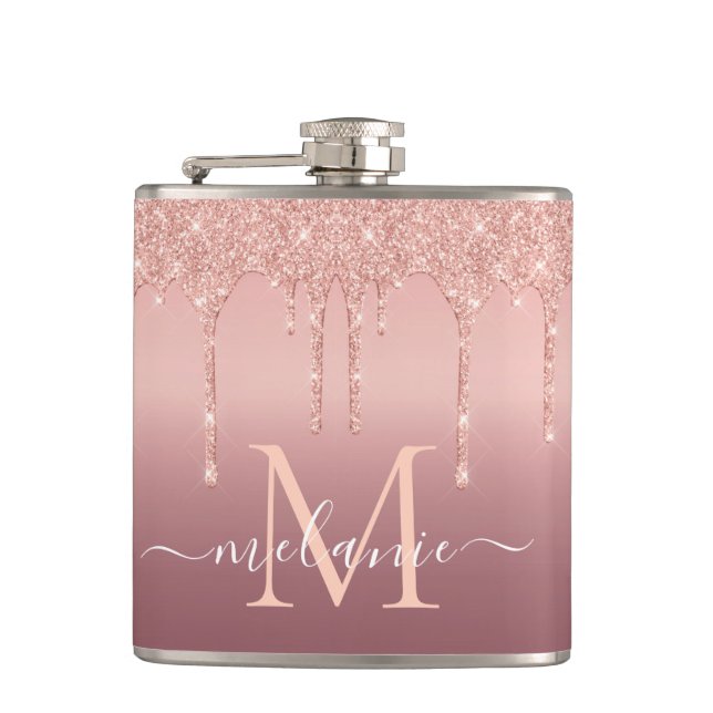 Rose Gold Glitter Custom Letter Your Name Flask (Front)