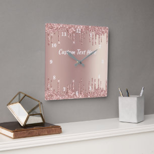 Rose Gold Glitter Custom Text Clock Personalised