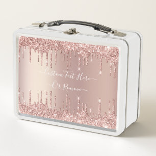 Rose Gold Glitter Custom Text Metal Lunch Box