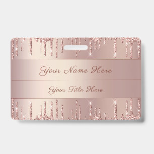 Rose Gold Glitter Custom Text Name Badge Template ID Badge