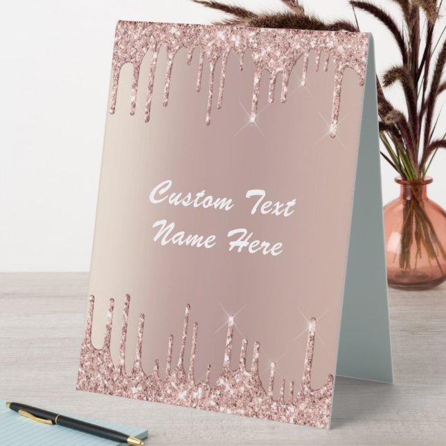 Rose Gold Glitter Custom Text Name Table Tent Sign (In SItu (Table))