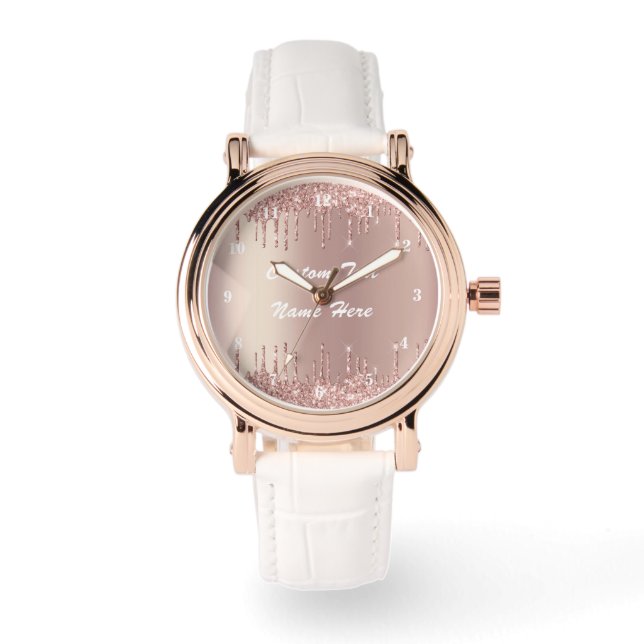 Rose Gold Glitter Custom Text Name Watch Gift (Front)