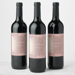 Rose Gold Glitter Custom Text Name Wine Label