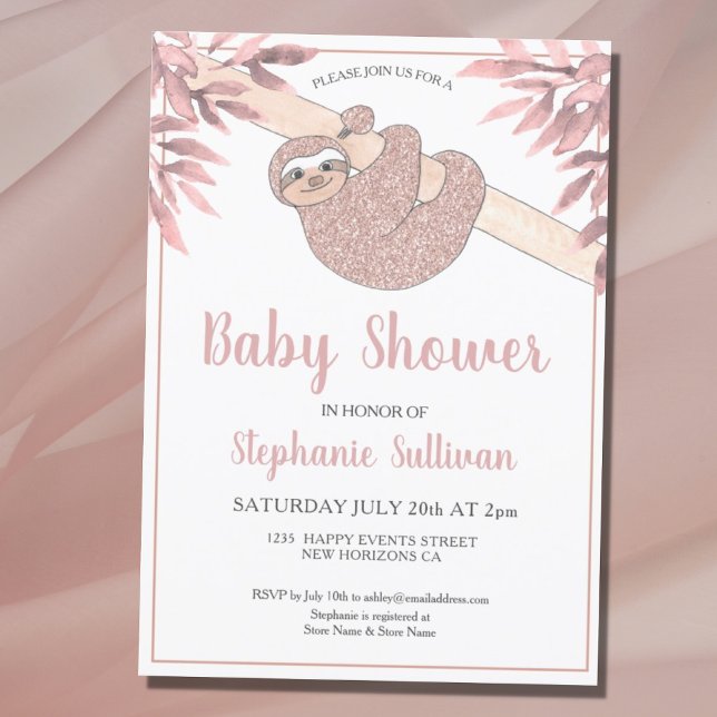 Rose Gold Glitter Cute Baby Girl Sloth Baby Shower Invitation (Creator Uploaded)