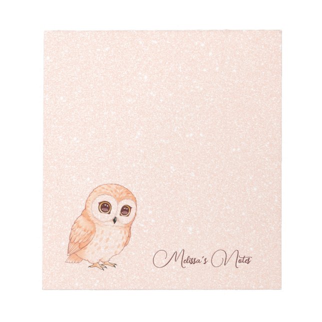 Rose Gold Glitter Cute Owl Add Name Notepad (Front)