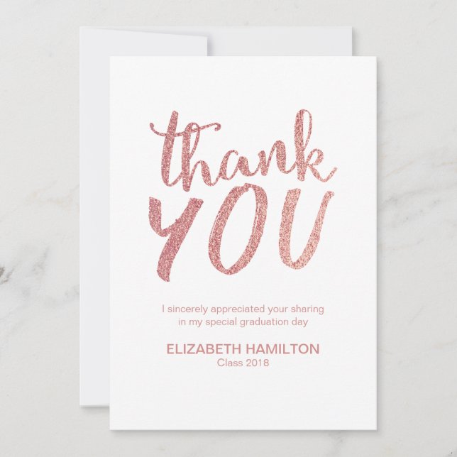 Rose Gold Glitter Cute Script Graduation Thank You Card (Front)