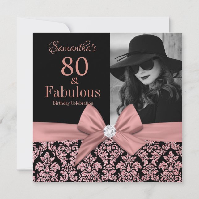Rose gold glitter damask 80th Birthday Invitation (Front)