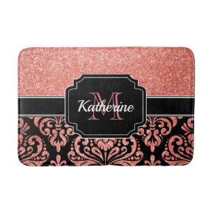 Rose Gold Glitter Damask Bath Mat