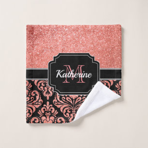 Rose Gold Glitter Damask Bath Towel Set