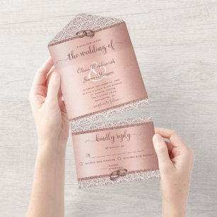 Rose Gold Glitter Damask Elegant Wedding All In One Invitation