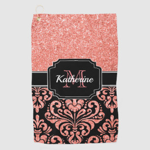 Rose Gold Glitter Damask Golf Towel