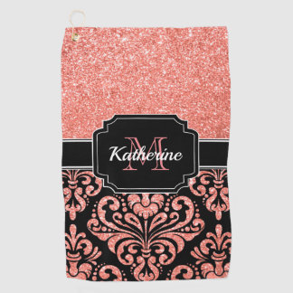 Rose Gold Glitter Damask Golf Towel