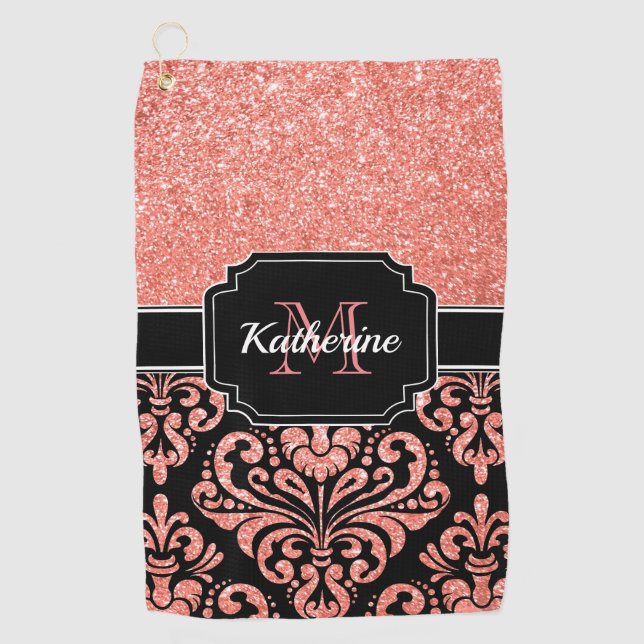 Rose Gold Glitter Damask Golf Towel (Front)